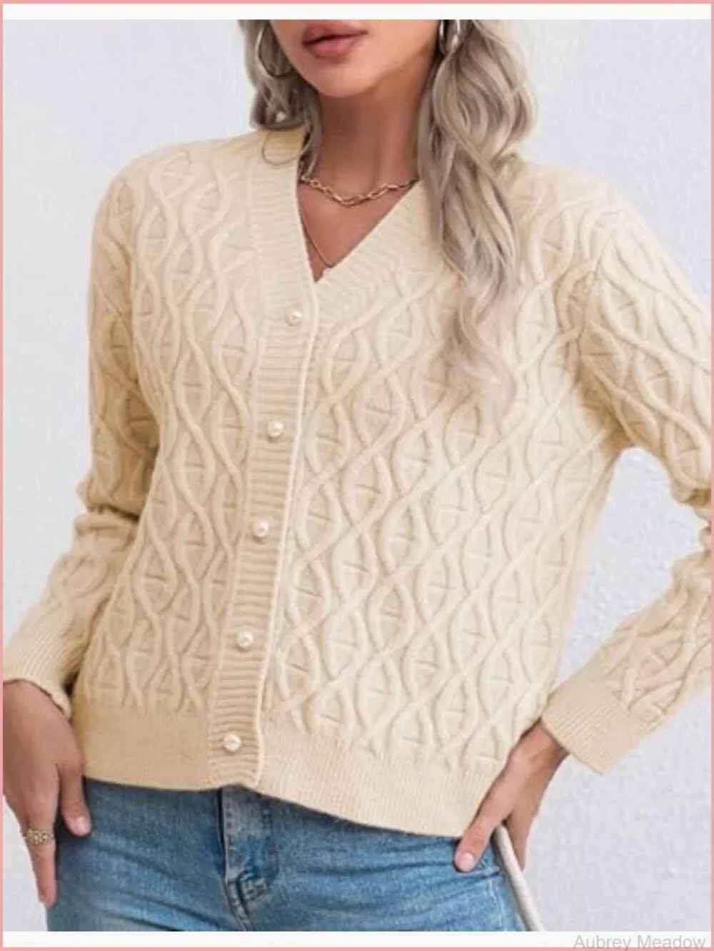 Women Cropped V-Neck Cable Knit Cardigan Sweater Long Sleeve Pearl Button Down